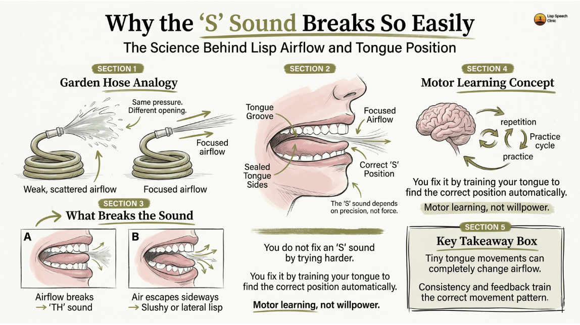 Infographic explaining how airflow and tongue position affect the “S” sound and cause lisps.