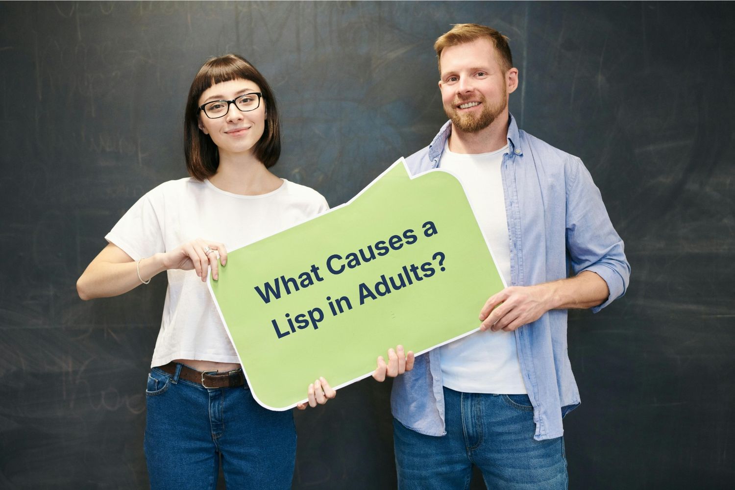 Two adults holding a speech bubble sign that reads What Causes a Lisp in Adults?