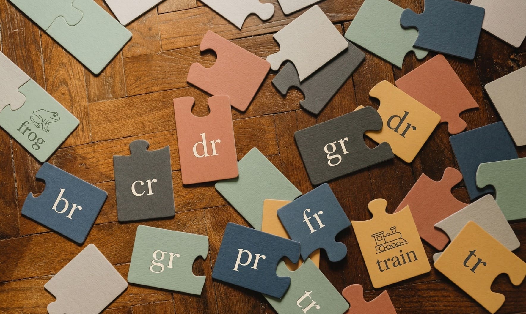 Illustrated consonant blend cards in a speech therapy session