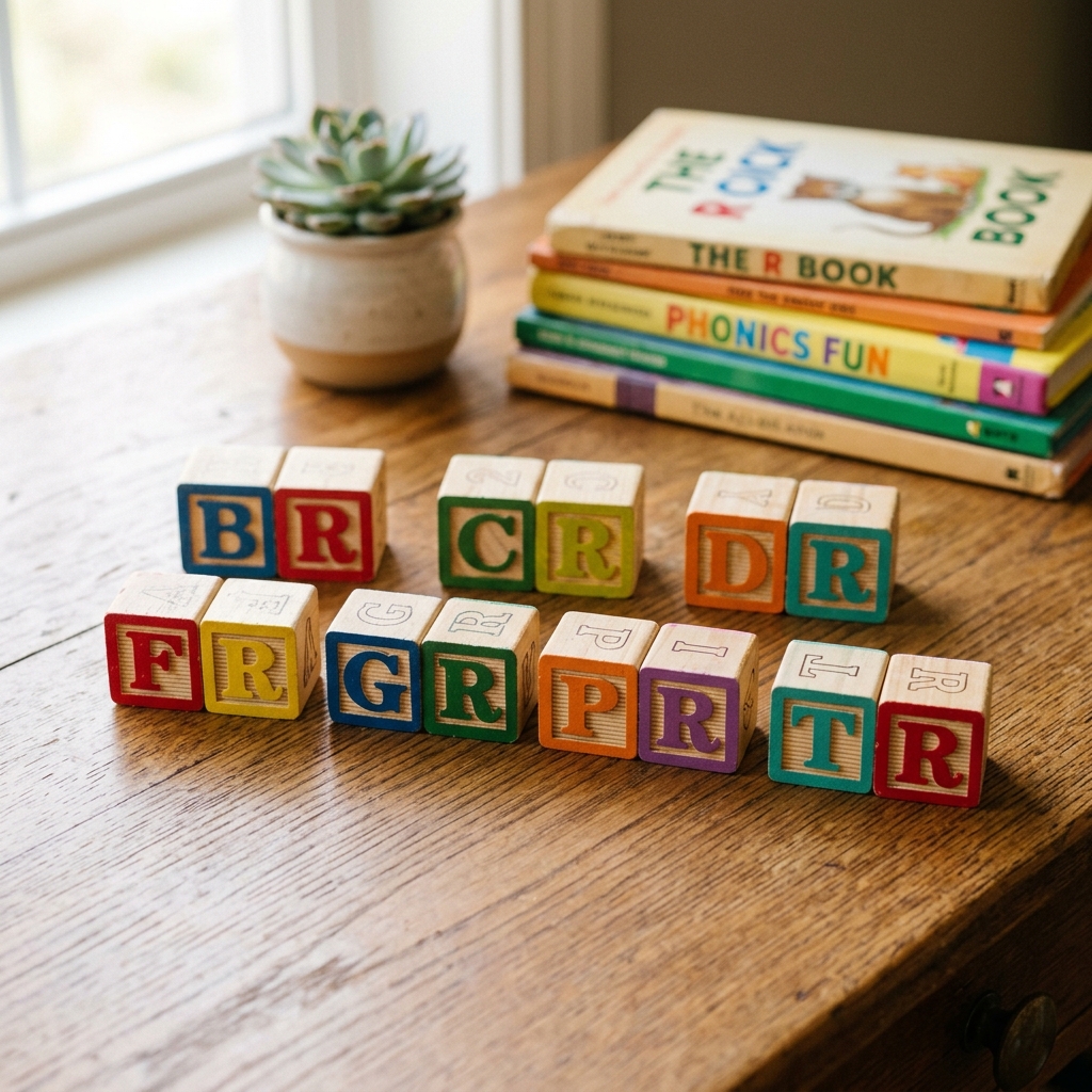 Colorful wooden alphabet blocks showing R blend consonant pairs BR, CR, DR, FR, GR, PR, TR on a desk